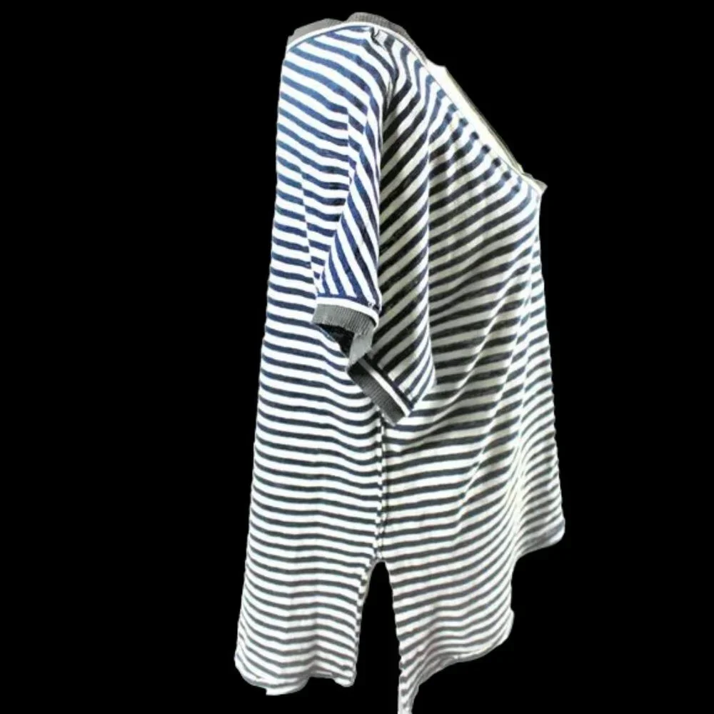 Free People We The Free Black & Cream Stripe Short Sleeve High Low Tunic